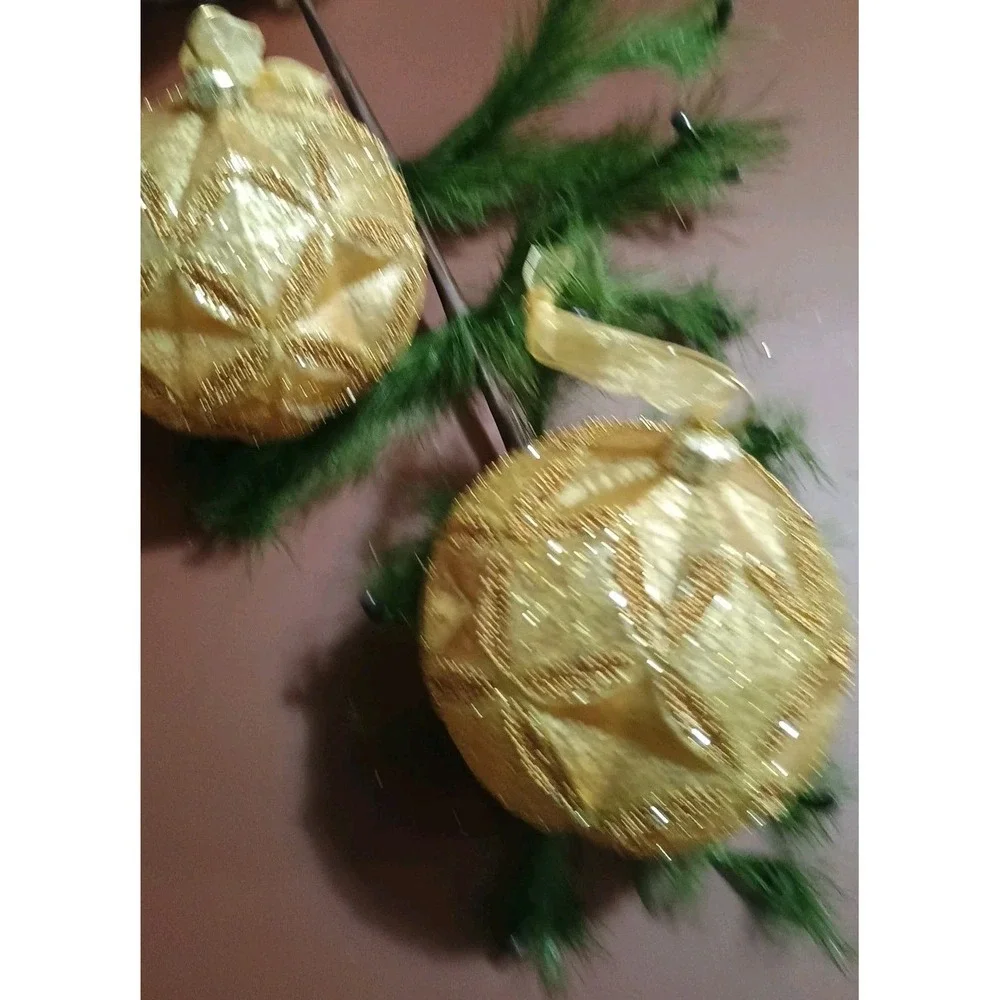 Pair Of Frontgate Large Christmas Gold Glitter‎ Beaded Round Ornaments 4.5